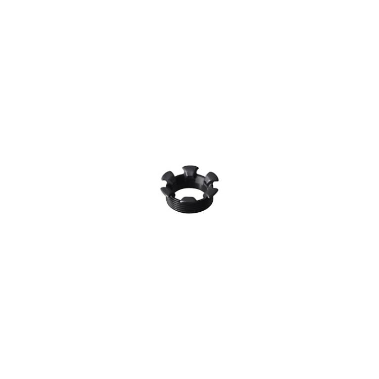 3D rendering of a black threaded locknut with four evenly spaced notches around the top edge, shown against a light gray background.