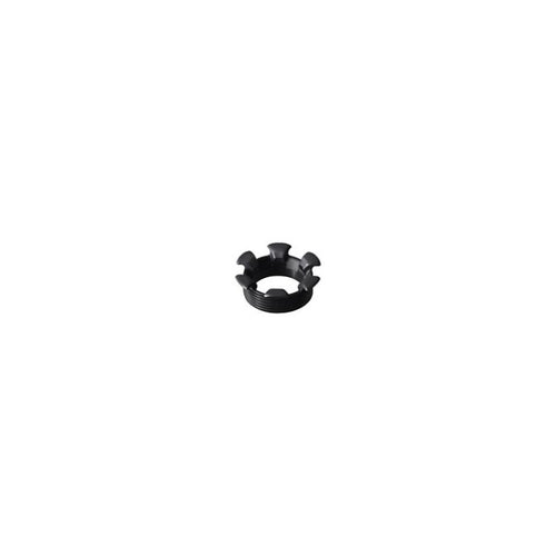 3D rendering of a black threaded locknut with four evenly spaced notches around the top edge, shown against a light gray background.