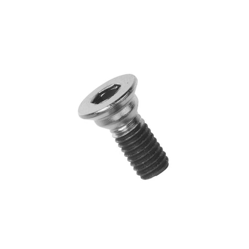 Close-up of a silver countersunk hex socket screw with a partially threaded black shaft, shown at an angle on a light grey background. The fastener features a flat tapered head designed to sit flush with the mounting surface.