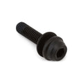 Close-up of a black hex socket shoulder bolt with a threaded shaft and integrated flange, shown at an angled perspective on a light grey background. The fastener features an internal hex drive and stepped head design for secure attachment in bicycle and mechanical component assemblies.