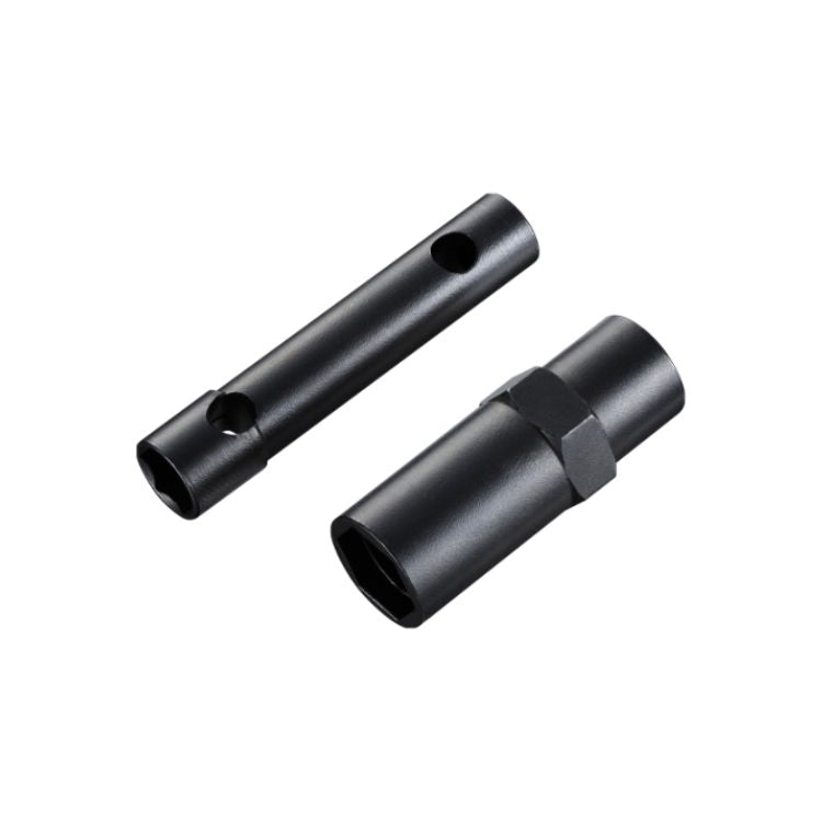 Shimano TL-PD63 pedal axle adjustment tool set consisting of two black steel socket-style tools with hexagonal openings and side access holes, displayed on a light gray background.