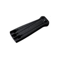 Black plastic bicycle wheel spacer tool with three parallel channels and circular cutouts, designed for wheel transport or protection, shown against a light gray background.