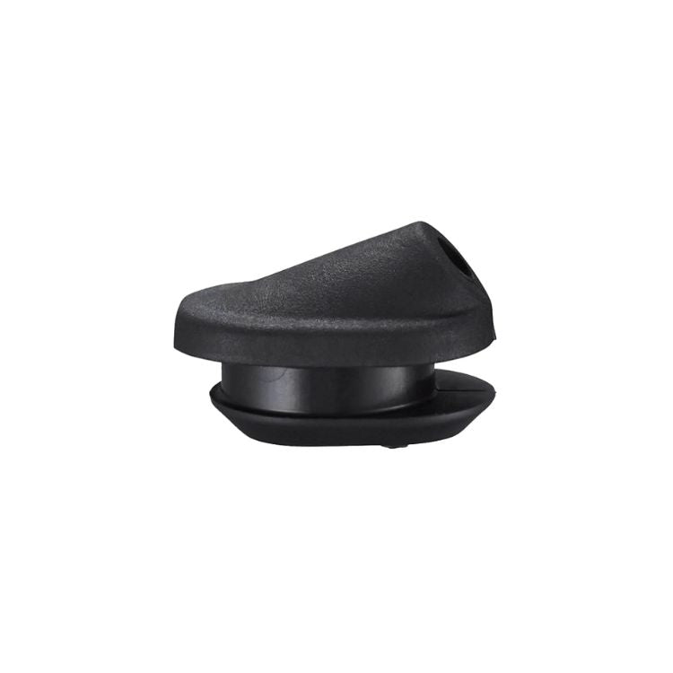 Close-up of a black plastic adjustment knob or mounting cap with a textured surface and angled profile, shown from the side on a light grey background. The component features a central opening and a cylindrical base designed for attachment to compatible bicycle or mechanical assemblies.