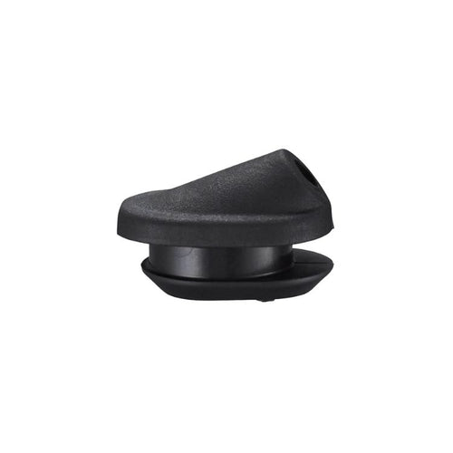 Close-up of a black plastic adjustment knob or mounting cap with a textured surface and angled profile, shown from the side on a light grey background. The component features a central opening and a cylindrical base designed for attachment to compatible bicycle or mechanical assemblies.