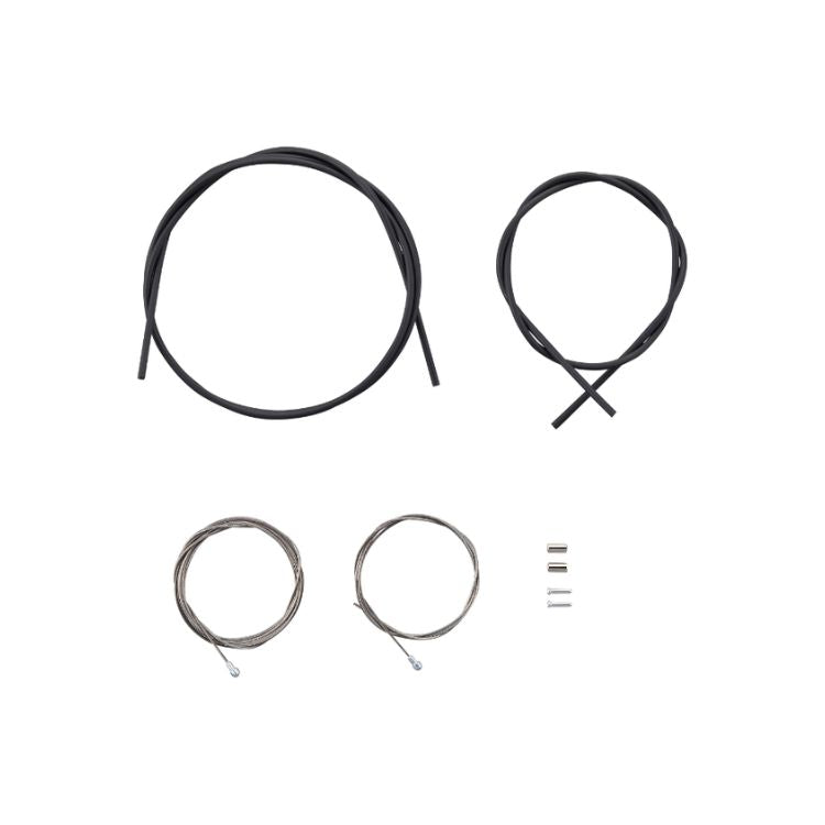 Shimano road brake cable set components arranged on a light gray background, including front and rear black brake cable housings, two stainless steel inner brake cables, cable end caps, and cable end crimps.