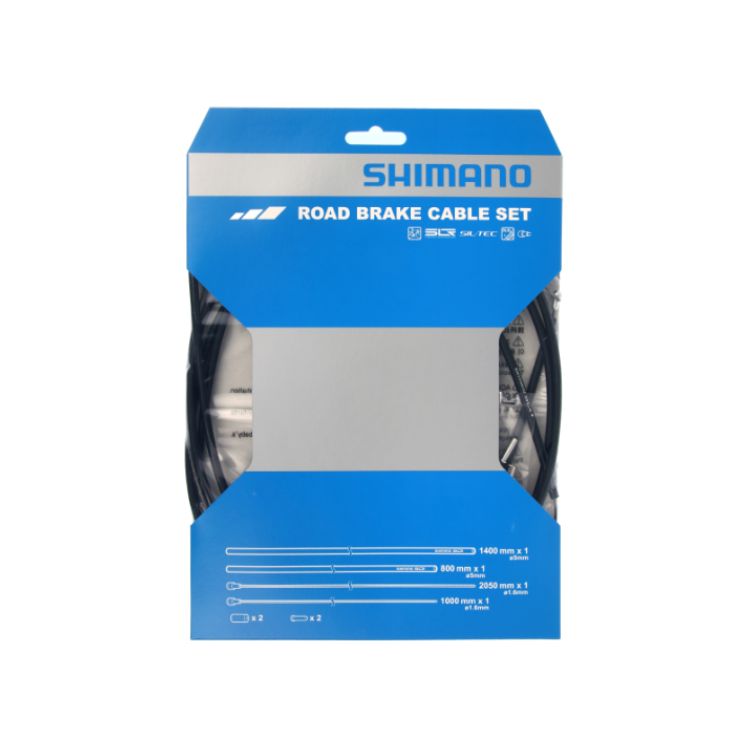 Front view of Shimano Road Brake Cable Set retail packaging in blue and white, showing brake cable components inside a clear plastic pack, with cable lengths and included parts printed on the front.