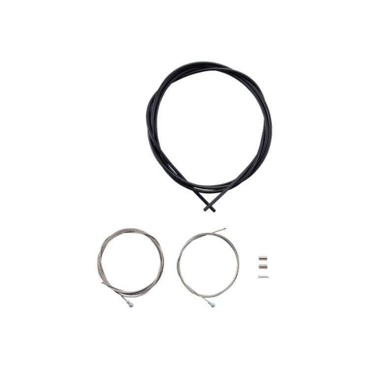 Shimano road brake cable set contents displayed on a light gray background, including black brake cable housing, two stainless steel inner brake cables, and cable end caps.