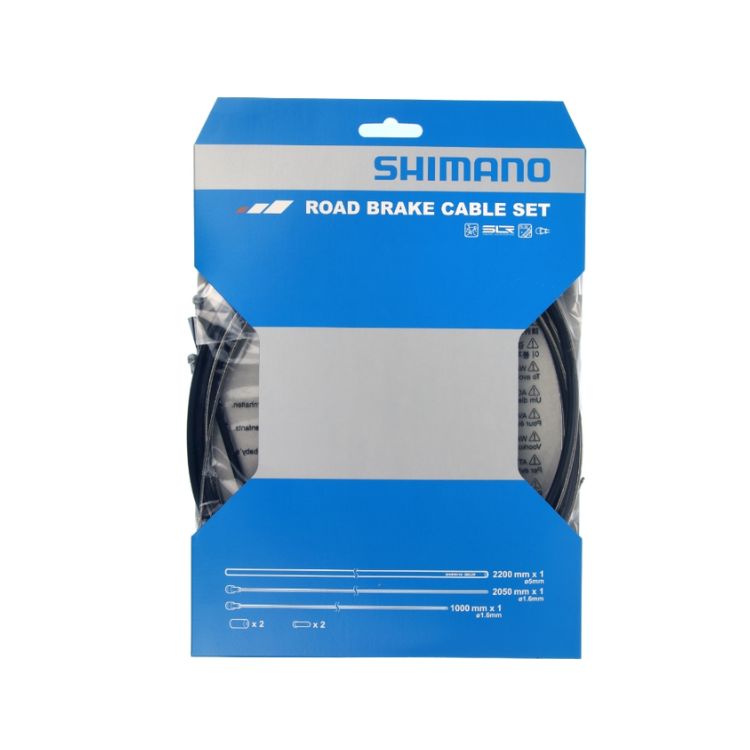 Front view of Shimano Road Brake Cable Set retail packaging in blue and white, with visible brake cable housing and inner cables inside a clear plastic pack. Product specifications and cable lengths are printed on the front