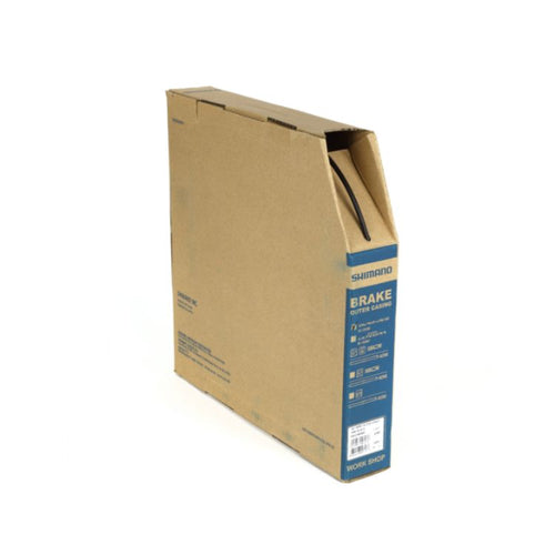 Shimano workshop brake outer casing bulk spool box in brown cardboard packaging, featuring blue product identification panels and a cable feed opening at the top, shown against a light gray background.