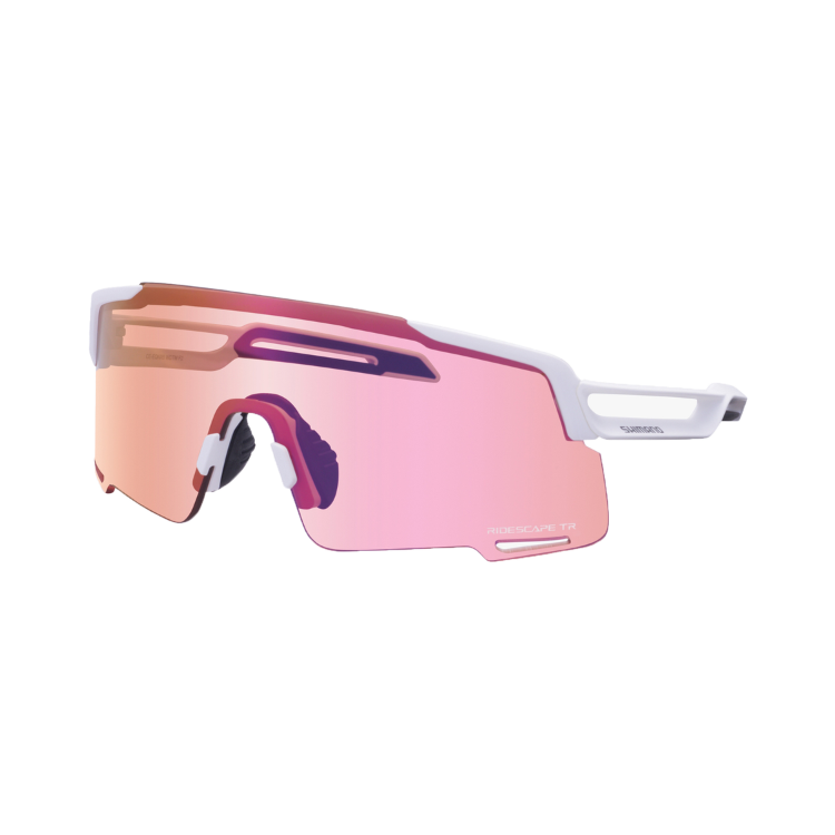 Shimano eyewear with pink lenses and matte white frame, 'Ridescape TR' and 'Shimano' wording, left view