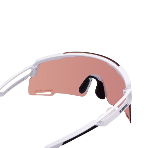 Shimano eyewear with pink lenses and matte white frame, 'Ridescape TR' and 'Shimano' wording, back view