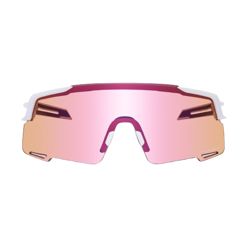 Shimano eyewear with pink lenses and matte white frame, 'Ridescape TR', front view