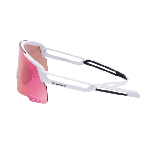 Shimano eyewear with pink lenses and matte white frame, 'Ridescape TR' and 'Shimano' wording, left view